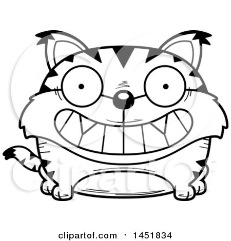 Clipart Graphic of a Cartoon Black and White Lineart Grinning Lynx Character Mascot - Royalty Free Vector Illustration by Cory Thoman