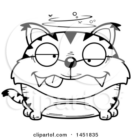 Clipart Graphic of a Cartoon Black and White Lineart Drunk Lynx Character Mascot - Royalty Free Vector Illustration by Cory Thoman