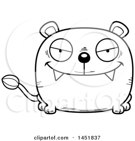 Clipart Graphic of a Cartoon Black and White Lineart Sly Lioness Character Mascot - Royalty Free Vector Illustration by Cory Thoman