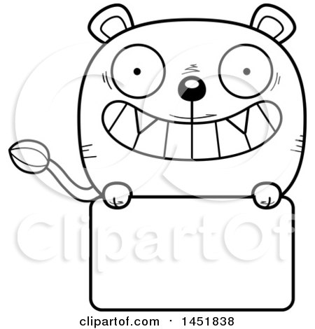 Clipart Graphic of a Cartoon Black and White Lineart Lioness Character Mascot over a Blank Sign - Royalty Free Vector Illustration by Cory Thoman