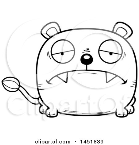 Clipart Graphic of a Cartoon Black and White Lineart Sad Lioness Character Mascot - Royalty Free Vector Illustration by Cory Thoman