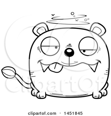 Clipart Graphic of a Cartoon Black and White Lineart Drunk Lioness Character Mascot - Royalty Free Vector Illustration by Cory Thoman