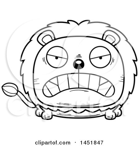 Clipart Graphic of a Cartoon Black and White Lineart Mad Male Lion Character Mascot - Royalty Free Vector Illustration by Cory Thoman