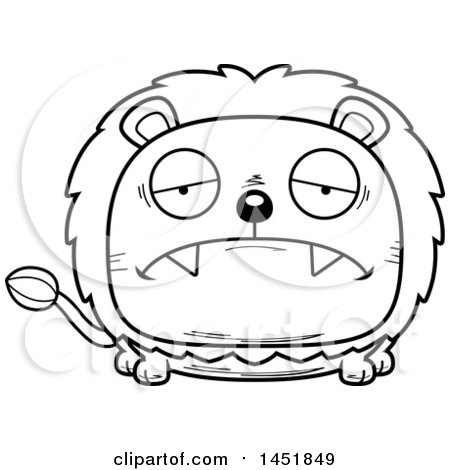 Clipart Graphic of a Cartoon Black and White Lineart Sad Male Lion Character Mascot - Royalty Free Vector Illustration by Cory Thoman
