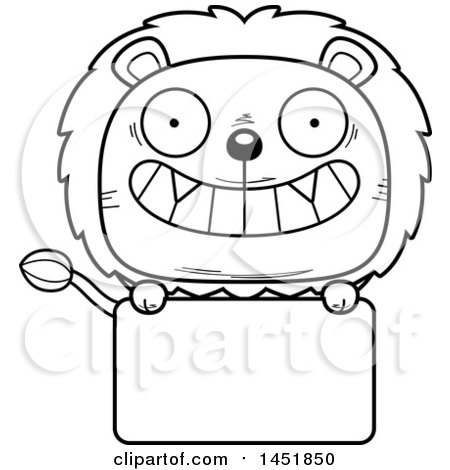 Clipart Graphic of a Cartoon Black and White Lineart Male Lion Character Mascot over a Blank Sign - Royalty Free Vector Illustration by Cory Thoman
