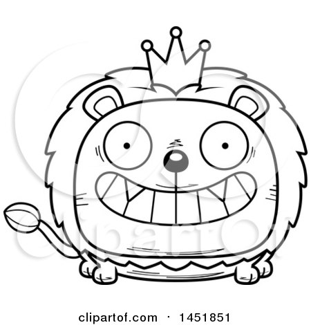 Clipart Graphic of a Cartoon Black and White Lineart Grinning Lion King Character Mascot - Royalty Free Vector Illustration by Cory Thoman