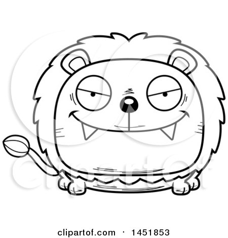 Clipart Graphic of a Cartoon Black and White Lineart Sly Male Lion Character Mascot - Royalty Free Vector Illustration by Cory Thoman