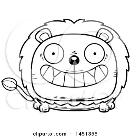 Clipart Graphic of a Cartoon Black and White Lineart Grinning Male Lion Character Mascot - Royalty Free Vector Illustration by Cory Thoman