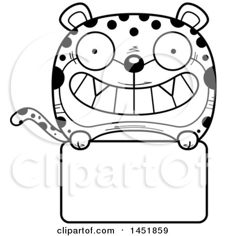 Clipart Graphic of a Cartoon Black and White Lineart Leopard Character Mascot over a Blank Sign - Royalty Free Vector Illustration by Cory Thoman