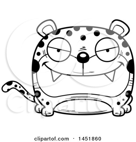 Clipart Graphic of a Cartoon Black and White Lineart Sly Leopard Character Mascot - Royalty Free Vector Illustration by Cory Thoman