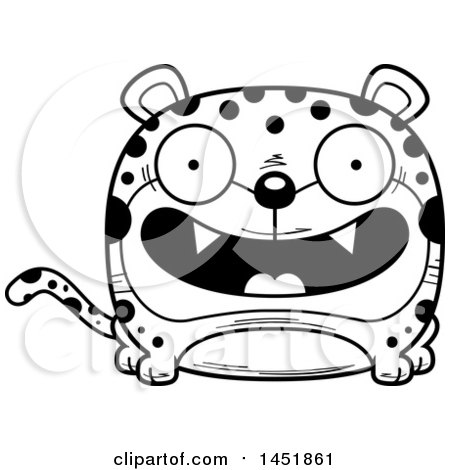 Clipart Graphic of a Cartoon Black and White Lineart Smiling Leopard Character Mascot - Royalty Free Vector Illustration by Cory Thoman