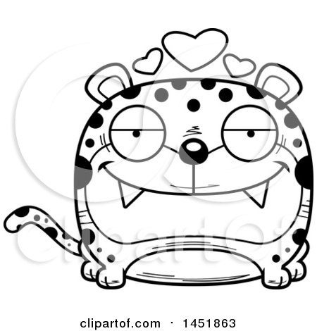 Clipart Graphic of a Cartoon Black and White Lineart Loving Leopard Character Mascot - Royalty Free Vector Illustration by Cory Thoman