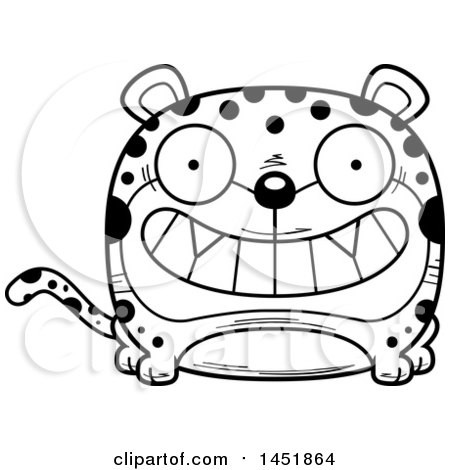 Clipart Graphic of a Cartoon Black and White Lineart Grinning Leopard Character Mascot - Royalty Free Vector Illustration by Cory Thoman