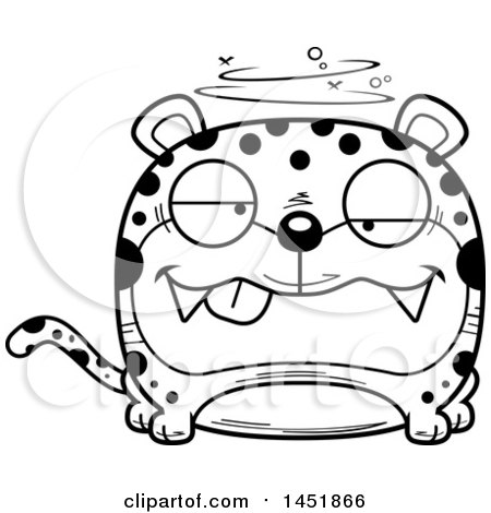 Clipart Graphic of a Cartoon Black and White Lineart Drunk Leopard Character Mascot - Royalty Free Vector Illustration by Cory Thoman
