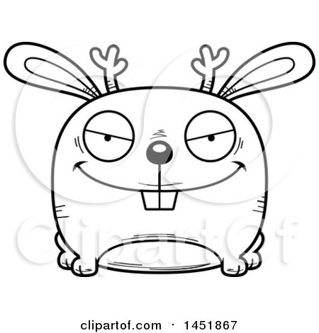 Clipart Graphic of a Cartoon Black and White Lineart Sly Jackalope Character Mascot - Royalty Free Vector Illustration by Cory Thoman