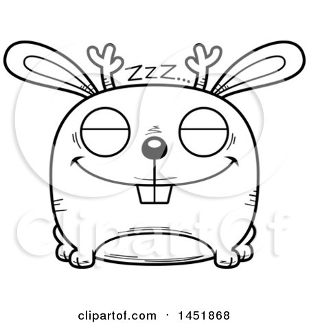 Clipart Graphic of a Cartoon Black and White Lineart Sleeping Jackalope Character Mascot - Royalty Free Vector Illustration by Cory Thoman