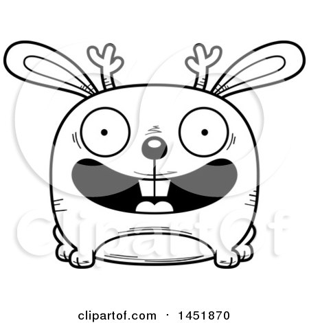 Clipart Graphic of a Cartoon Black and White Lineart Smiling Jackalope Character Mascot - Royalty Free Vector Illustration by Cory Thoman