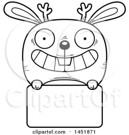 Clipart Graphic of a Cartoon Black and White Lineart Jackalope Character Mascot over a Blank Sign - Royalty Free Vector Illustration by Cory Thoman