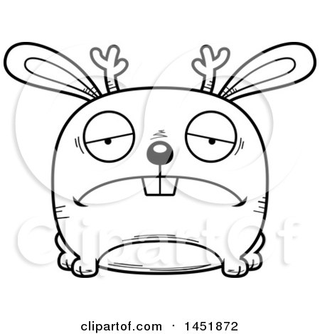Clipart Graphic of a Cartoon Black and White Lineart Sad Jackalope Character Mascot - Royalty Free Vector Illustration by Cory Thoman