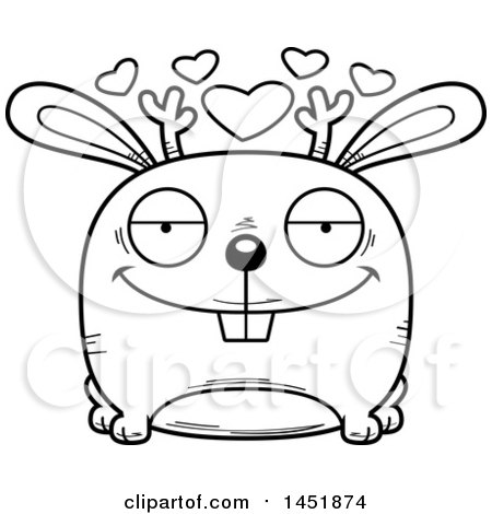 Clipart Graphic of a Cartoon Black and White Lineart Loving Jackalope Character Mascot - Royalty Free Vector Illustration by Cory Thoman