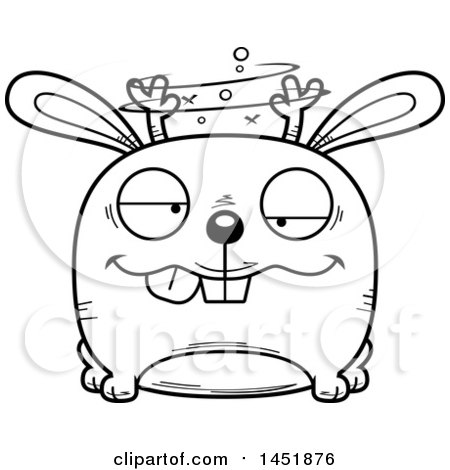 Clipart Graphic of a Cartoon Black and White Lineart Drunk Jackalope Character Mascot - Royalty Free Vector Illustration by Cory Thoman