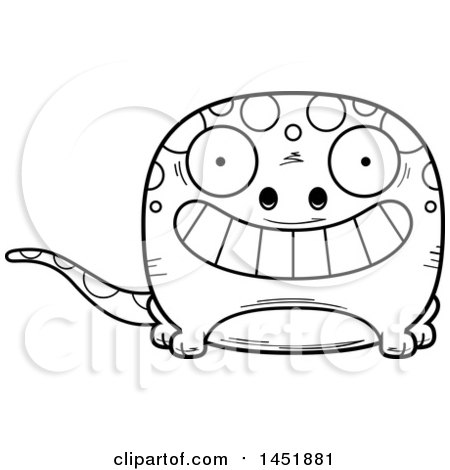 Clipart Graphic of a Cartoon Black and White Lineart Grinning Gecko Character Mascot - Royalty Free Vector Illustration by Cory Thoman