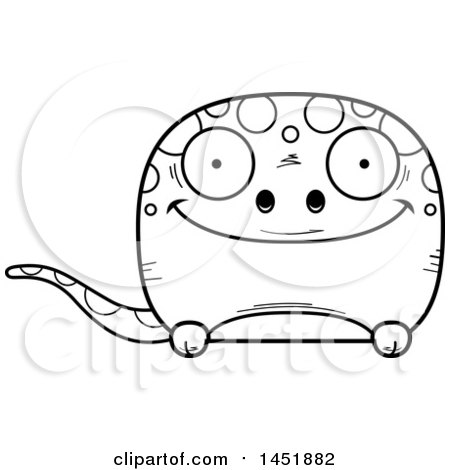 Clipart Graphic of a Cartoon Black and White Lineart Happy Gecko Character Mascot - Royalty Free Vector Illustration by Cory Thoman