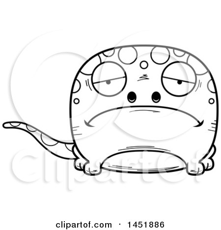 Clipart Graphic of a Cartoon Black and White Lineart Sad Gecko Character Mascot - Royalty Free Vector Illustration by Cory Thoman