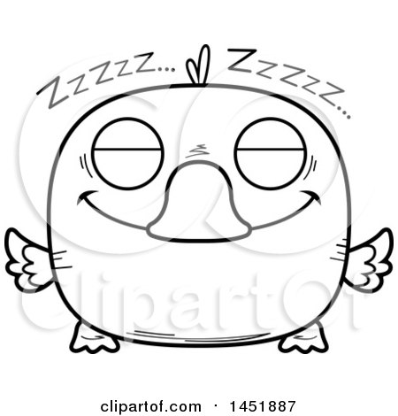 Clipart Graphic of a Cartoon Black and White Lineart Sleeping Duck Character Mascot - Royalty Free Vector Illustration by Cory Thoman