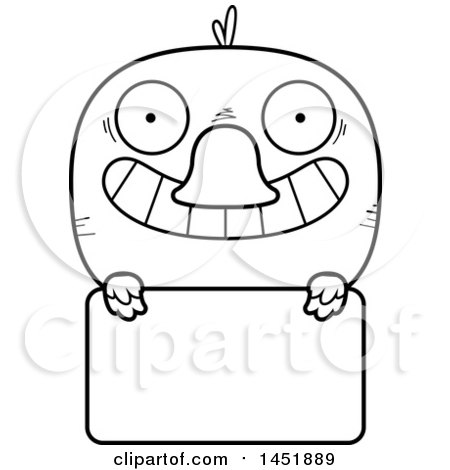 Clipart Graphic of a Cartoon Black and White Lineart Duck Character Mascot over a Blank Sign - Royalty Free Vector Illustration by Cory Thoman