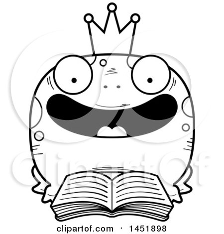 Clipart Graphic of a Cartoon Black and White Lineart Reading Frog Prince Character Mascot - Royalty Free Vector Illustration by Cory Thoman