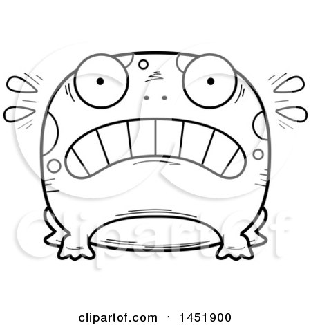 Clipart Graphic of a Cartoon Black and White Lineart Scared Frog Character Mascot - Royalty Free Vector Illustration by Cory Thoman