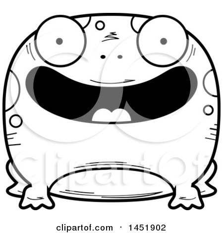 Clipart Graphic of a Cartoon Black and White Lineart Happy Frog Character Mascot - Royalty Free Vector Illustration by Cory Thoman