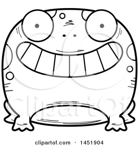 Clipart Graphic of a Cartoon Black and White Lineart Grinning Frog Character Mascot - Royalty Free Vector Illustration by Cory Thoman