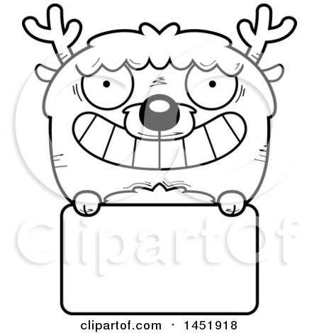 Clipart Graphic of a Cartoon Black and White Lineart Deer Character Mascot over a Blank Sign - Royalty Free Vector Illustration by Cory Thoman