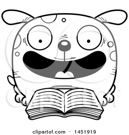 Clipart Graphic of a Cartoon Black and White Lineart Reading Dog Character Mascot - Royalty Free Vector Illustration by Cory Thoman