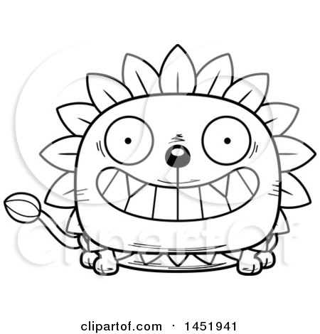 Clipart Graphic of a Cartoon Black and White Lineart Grinning Dandelion Character Mascot - Royalty Free Vector Illustration by Cory Thoman