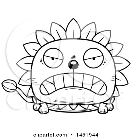 Clipart Graphic of a Cartoon Black and White Lineart Mad Dandelion Character Mascot - Royalty Free Vector Illustration by Cory Thoman
