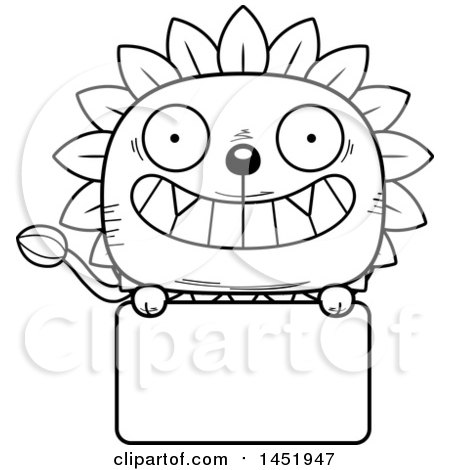 Clipart Graphic of a Cartoon Black and White Lineart Dandelion Character Mascot over a Blank Sign - Royalty Free Vector Illustration by Cory Thoman