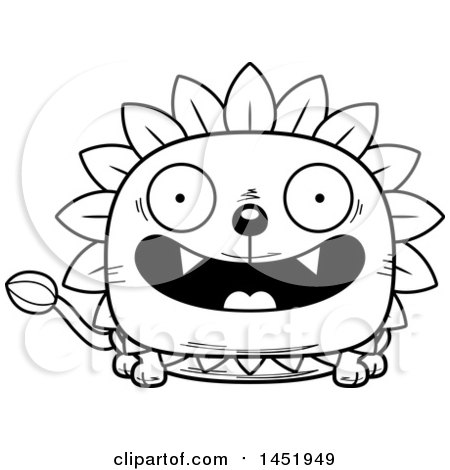 Clipart Graphic of a Cartoon Black and White Lineart Smiling Dandelion Character Mascot - Royalty Free Vector Illustration by Cory Thoman