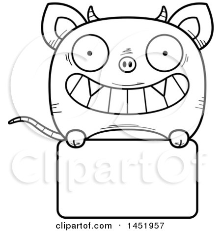 Clipart Graphic of a Cartoon Black and White Lineart Chupacabra Character Mascot over a Blank Sign - Royalty Free Vector Illustration by Cory Thoman