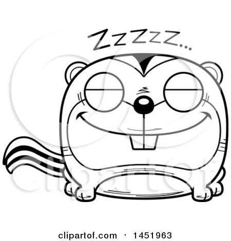 Clipart Graphic of a Cartoon Black and White Lineart Sleeping Chipmunk Character Mascot - Royalty Free Vector Illustration by Cory Thoman