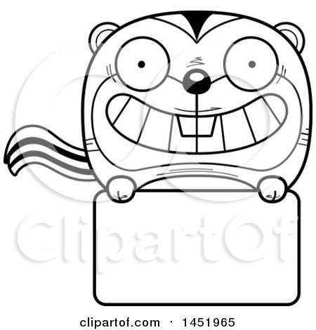 Clipart Graphic of a Cartoon Black and White Lineart Chipmunk Character Mascot over a Blank Sign - Royalty Free Vector Illustration by Cory Thoman