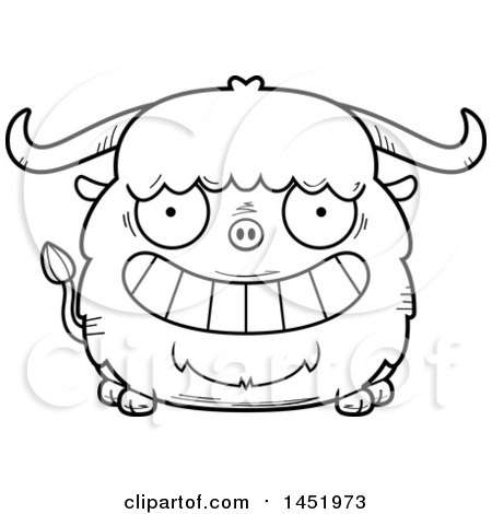 Clipart Graphic of a Cartoon Black and White Lineart Grinning Ox Character Mascot - Royalty Free Vector Illustration by Cory Thoman