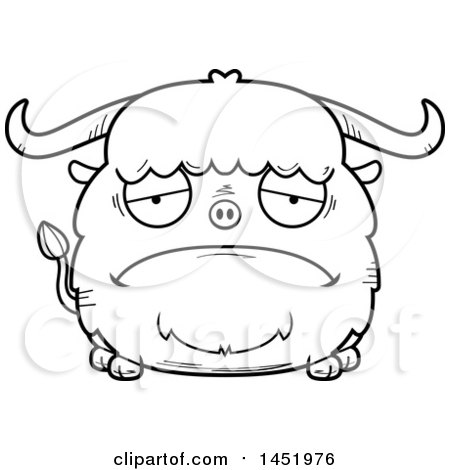 Clipart Graphic of a Cartoon Black and White Lineart Sad Ox Character Mascot - Royalty Free Vector Illustration by Cory Thoman