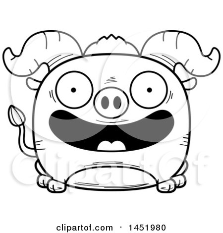 Clipart Graphic of a Cartoon Black and White Lineart Smiling Ox Character Mascot - Royalty Free Vector Illustration by Cory Thoman
