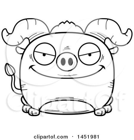 Clipart Graphic of a Cartoon Black and White Lineart Sly Ox Character Mascot - Royalty Free Vector Illustration by Cory Thoman