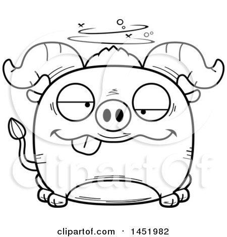 Clipart Graphic of a Cartoon Black and White Lineart Drunk Ox Character Mascot - Royalty Free Vector Illustration by Cory Thoman