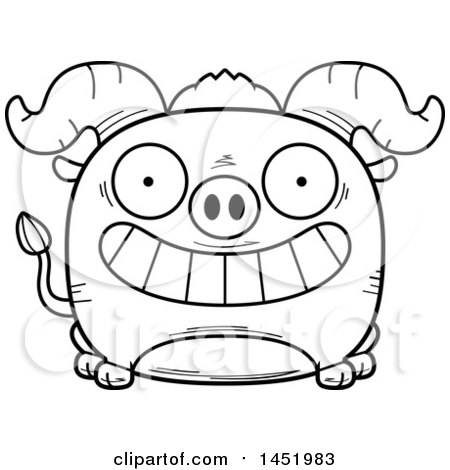 Clipart Graphic of a Cartoon Black and White Lineart Grinning Ox Character Mascot - Royalty Free Vector Illustration by Cory Thoman