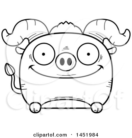 Clipart Graphic of a Cartoon Black and White Lineart Happy Ox Character Mascot - Royalty Free Vector Illustration by Cory Thoman
